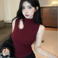 High Neck Hollow-Out Rhinestone Knit Top